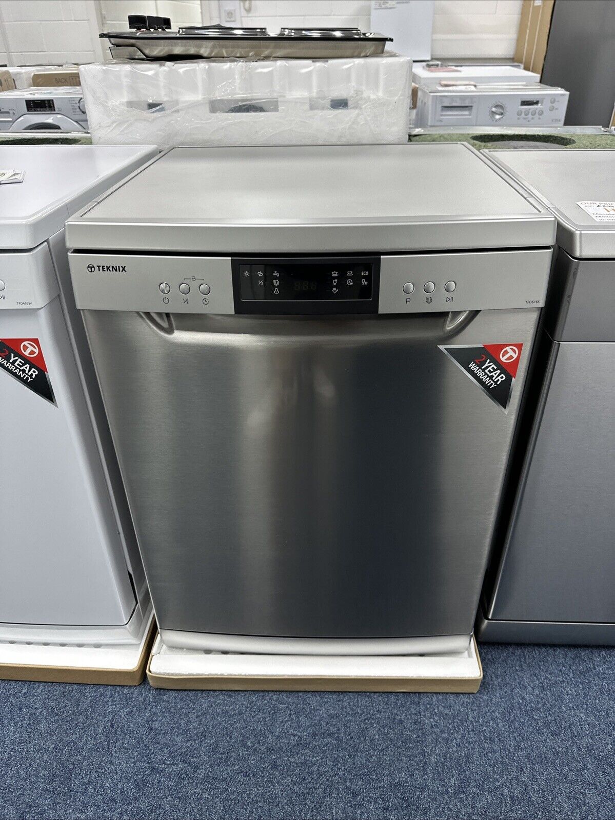 Teknix TFD616S 14 Place Settings Full Size Freestanding Dishwasher with Top Cutlery Tray in Stainless Steel showroom photo front