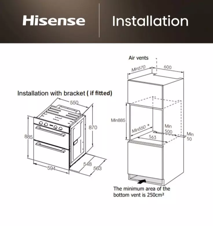 Hisense BID914221ADBG Double Built In Oven In Black - Air Fry - A Rated - Refurbished stock Photo fitting diagram with measurements