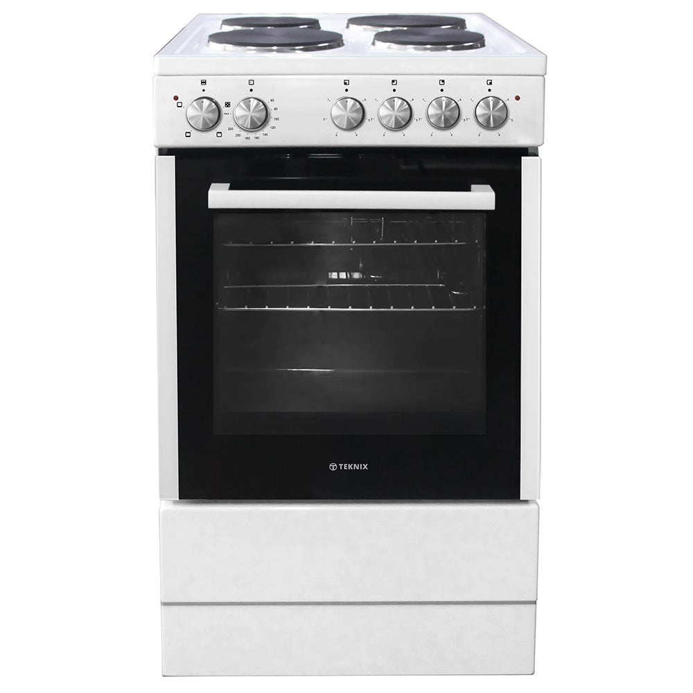 Teknix TKES54W 50cm Solid Plate Cooker with Single Cavity Oven in White - A Rated - POHW0108