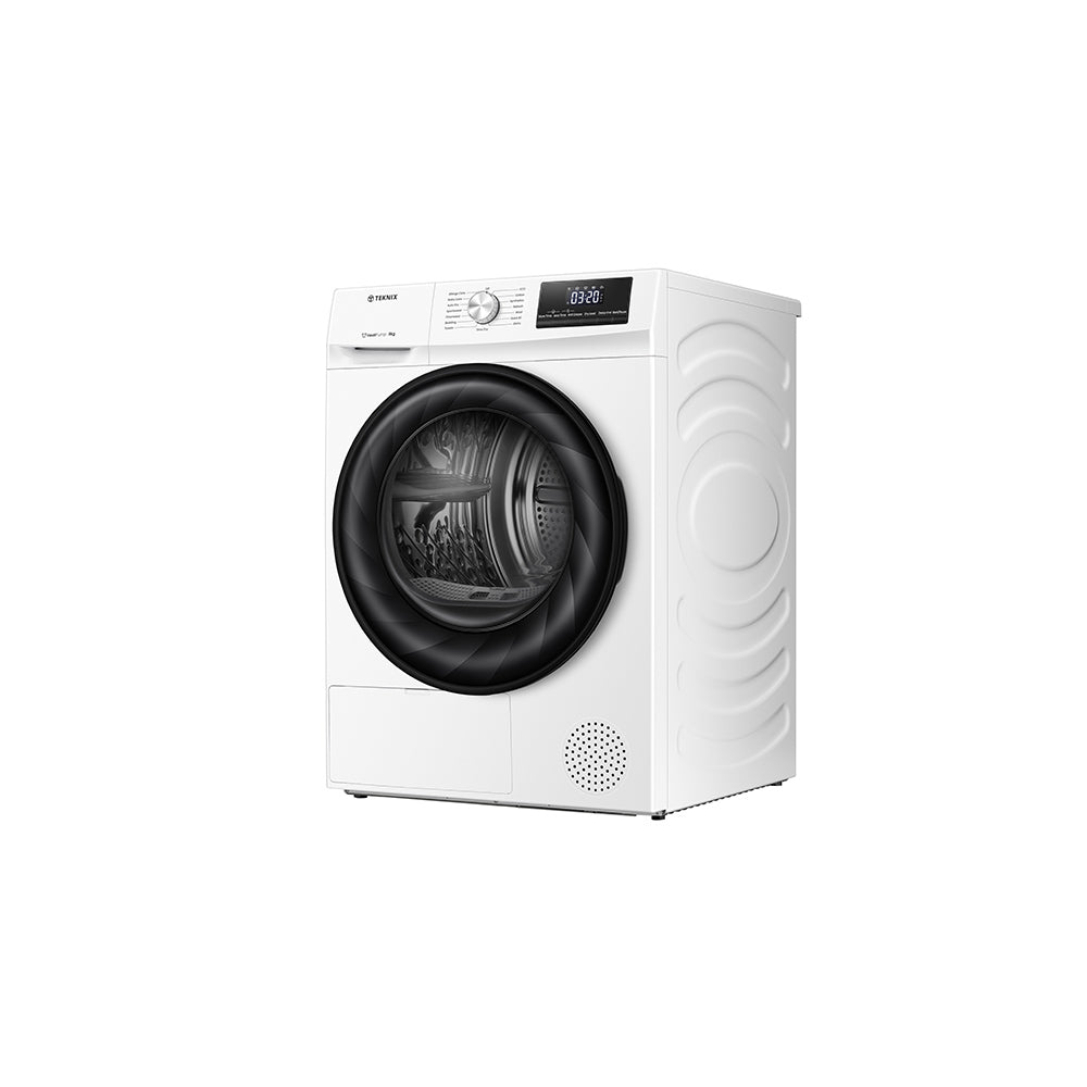 Teknix TKHP8HW 8KG Heat Pump Dryer in White - A++ Rated. Stock photo of the front angled showing right side panel.