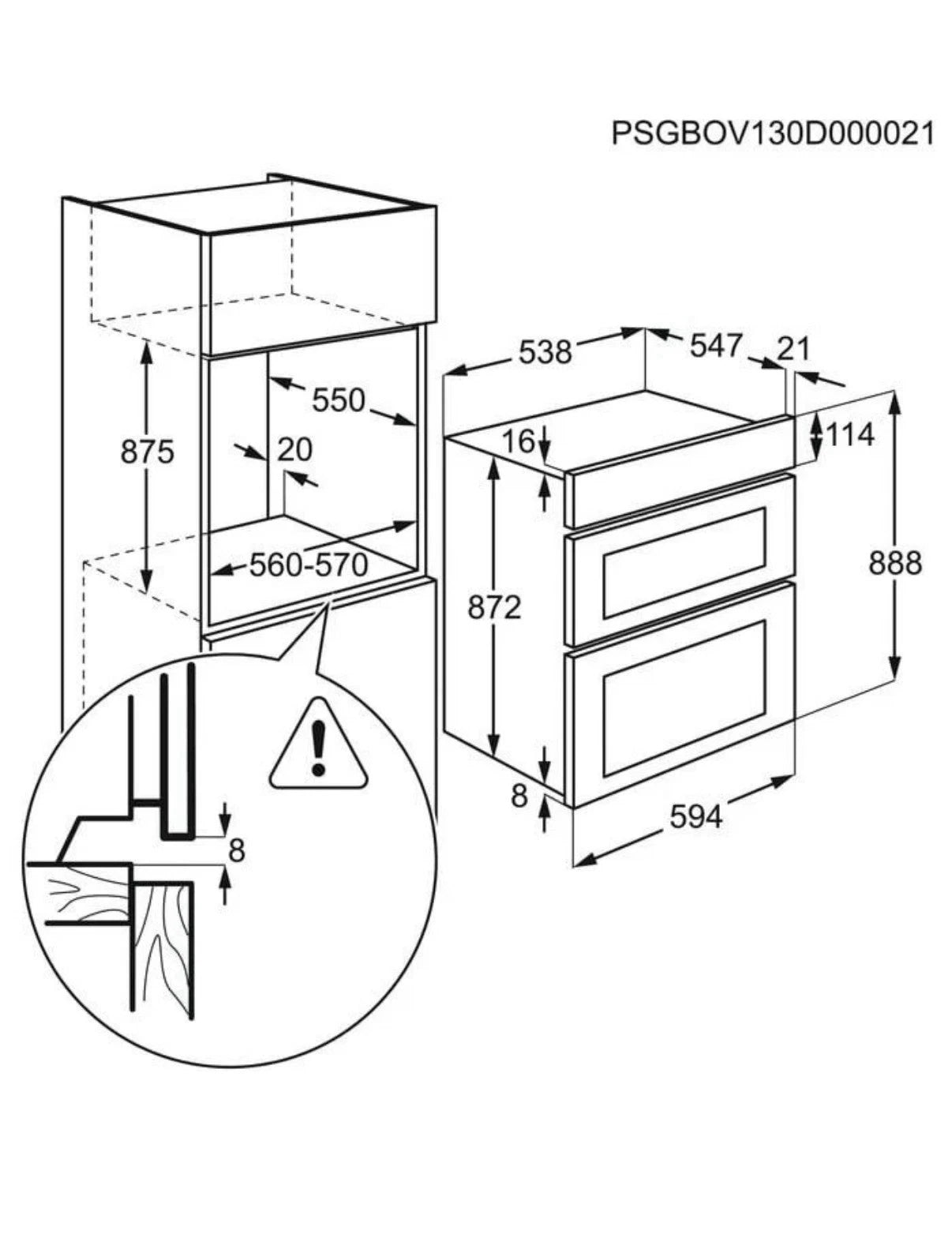 AEG 6000 DCB535060B SurroundCook Double Built-in Oven in Black - A/A Rated - (Blemished) - HW181652 installation diagram with dimensions.