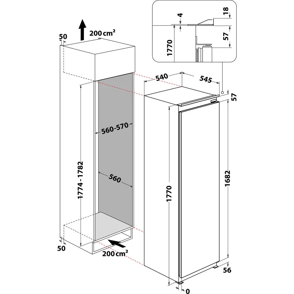 Hotpoint HTSD18F013H1 209 Litre Tall Built-In Freezer with No Frost - E Rated from HomeWise Appliances. stock photo graphic for the freezer and installation dimensions,