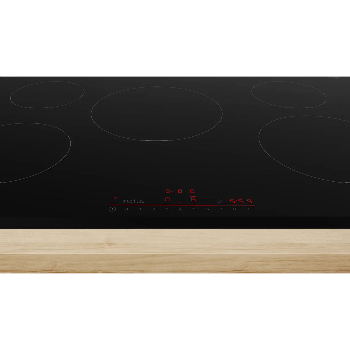 Bosch Series 6 PIV831HB1E 80cm 5-Zone Induction Hob in Black - Wi-Fi Enabled close of the hob surface showing the controls illuminated.