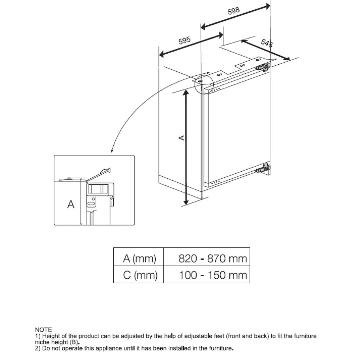 Beko BLS4682 (75) Integrated Undercounter 82cm Larder Fridge with Fixed Door Hinge - E Rated - (Tatty Box) - HW182475