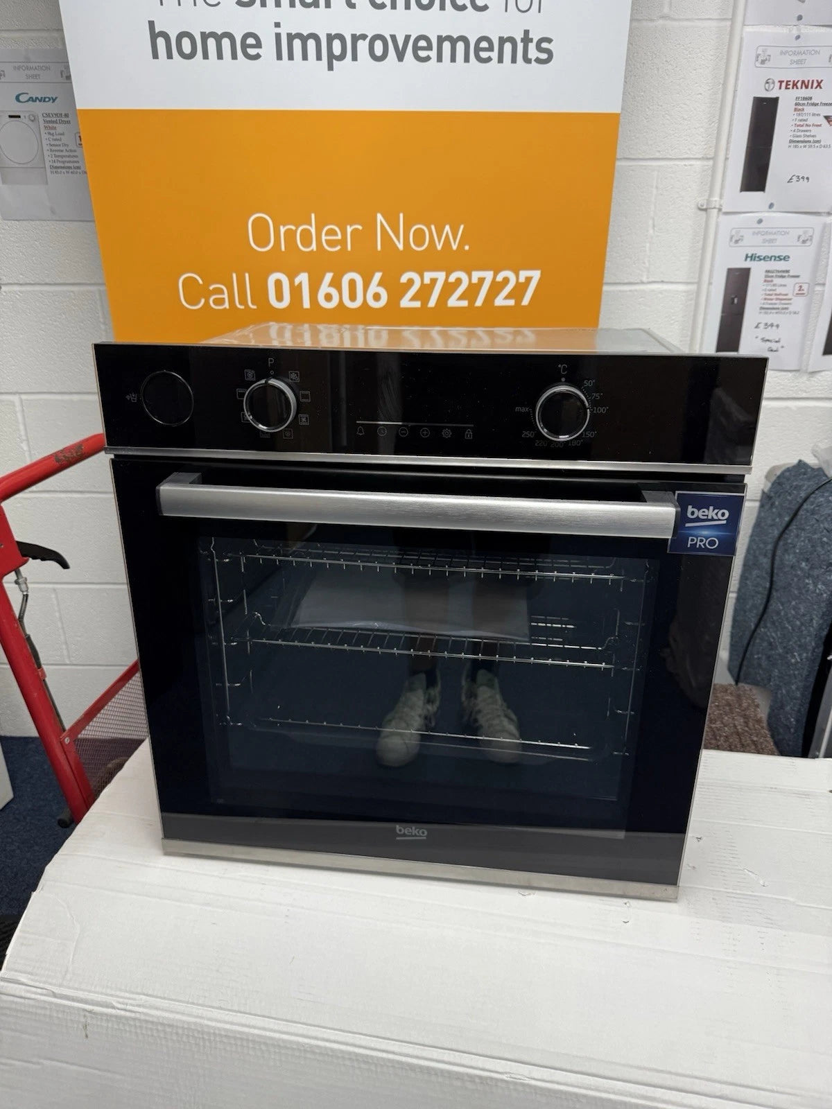 Beko Recycled Net® BBIS25300XC (61) Built-in Electric Single SimplySteam™ Oven with AeroPerfect™ - A Rated from HomeWise Appliances shop photo of oven in front of a call to action banner Order Now Call 01606 272727