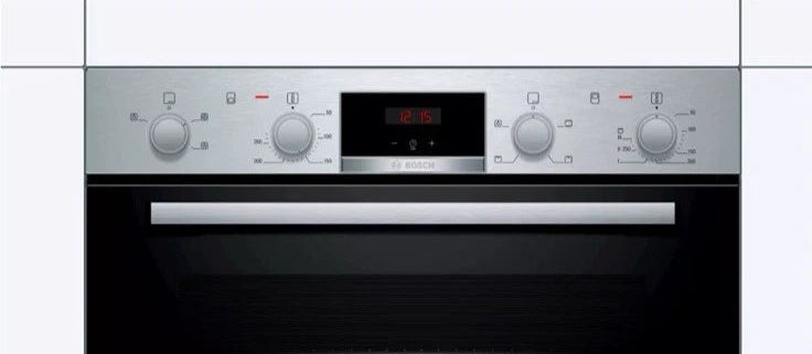 Bosch Series 2 MHA133BR0B (79) Built In Electric Double Oven in Stainless Steel from HomeWise Appliances. Stock photo showing control panel with dial knobs and Red LED clock display.