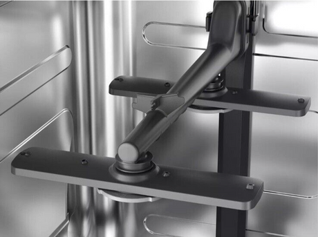 AEG FSX51407Z Series 5000 AirDry 45cm Integrated Slimline Dishwasher with Black Control Panel, F Rated from HomeWise Appliances. Stock photo showing dual sprinkler spray arm.