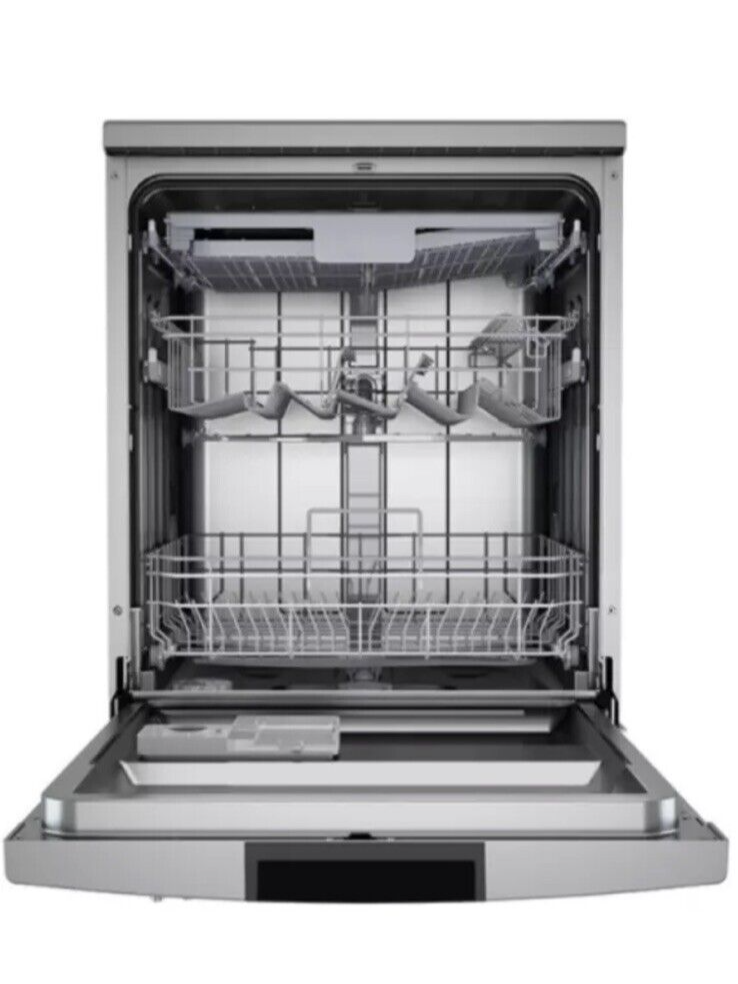 Teknix TFD616S 14 Place Settings Full Size Freestanding Dishwasher with Top Cutlery Tray in Stainless Steel door open stock photo