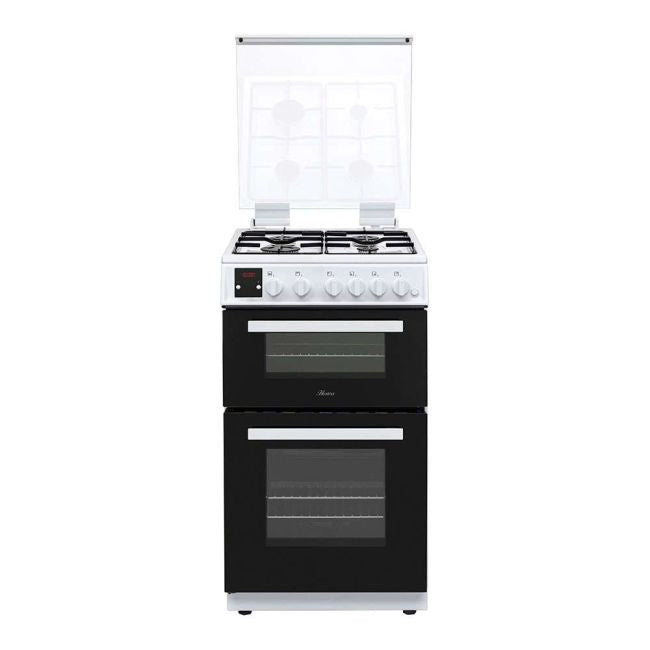 Hostess Freestanding Natural Gas Cooker 50cm Twin Cavity with Glass Lid in White. LPG Convertible