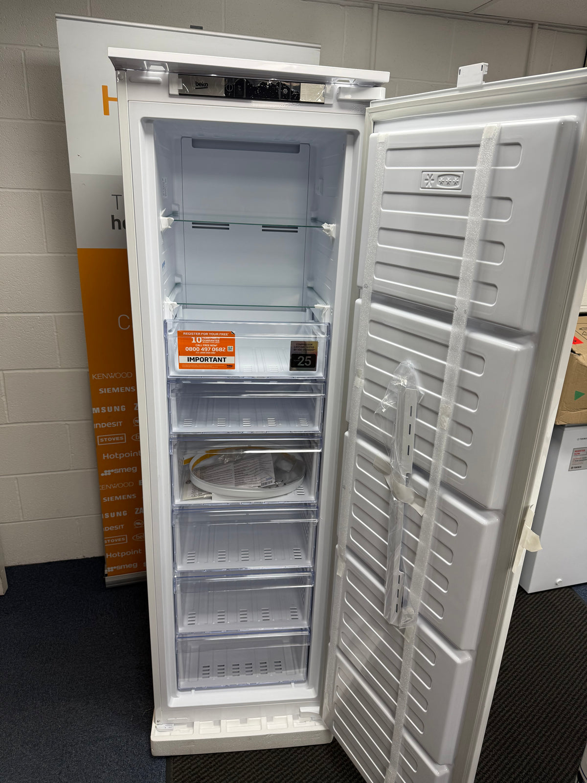 Beko BFFD4577 (99) 178cm Integrated Frost Free 220L Tall Upright Freezer with Sliding Hinge - E Rated - (Ex Display ) - HW182899