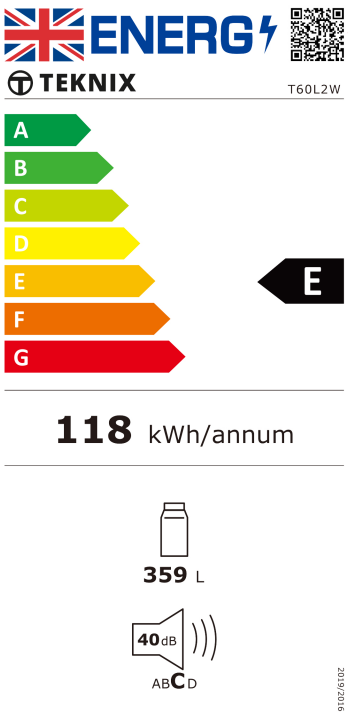 Teknix T60L2W 359 Litres Single Door Tall Larder Fridge in White