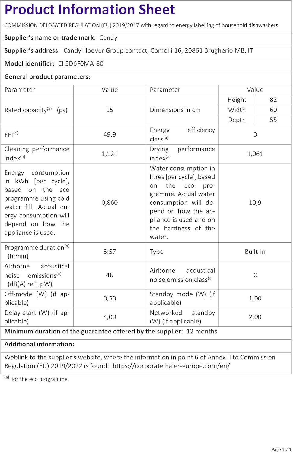 Candy Rapido CI 5D6F0MA-80 15 Place Settings Full-size Integrated Dishwasher - D Rated - POHW0143