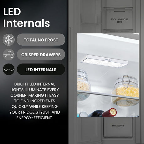 Teknix TX2SBS1791PW American Fridge Freezer in White - 523 Litre Capacity - E Rated - POHW0130 from HomeWise Appliances. Stock photo graphic showing the benefits of modern LED lighting in the fridge compartment.