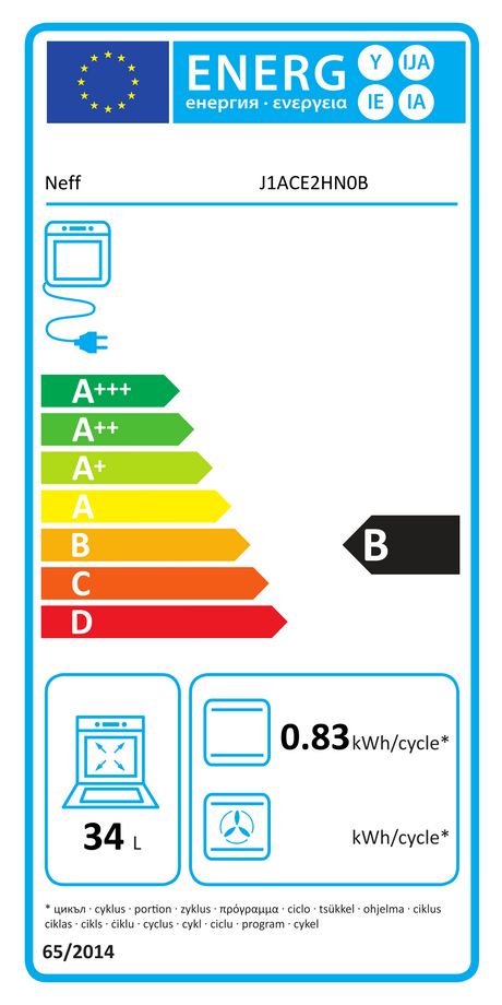 Neff N50 J1ACE2HN0b Double Built under Oven from HomeWise Appliances. Stock photo showing B Rated energy label for secondary oven.
