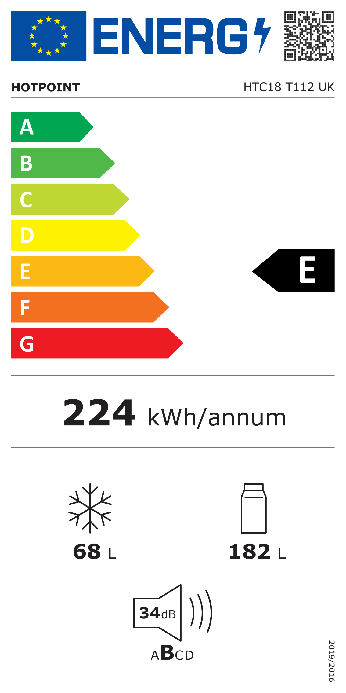 Hotpoint HTC18 T112 UK 70/30 No Frost Integrated Fridge Freezer with Sliding Hinge - E Rated from HomeWise Appliances. Graphic for E-Rated Energy Efficiency