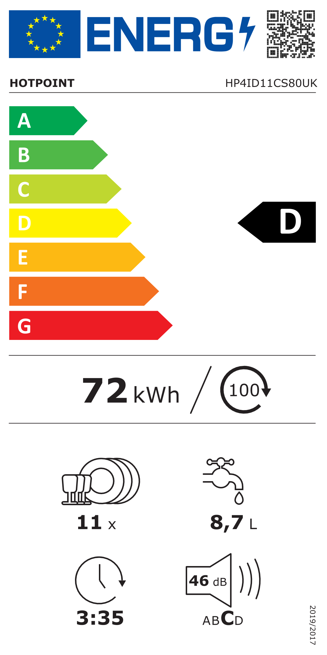 Hotpoint HP4ID11CS80UK (72) 45cm Slimline Integrated Dishwasher with 11 Place Settings - D Rated - (Ex Display) - HW182572