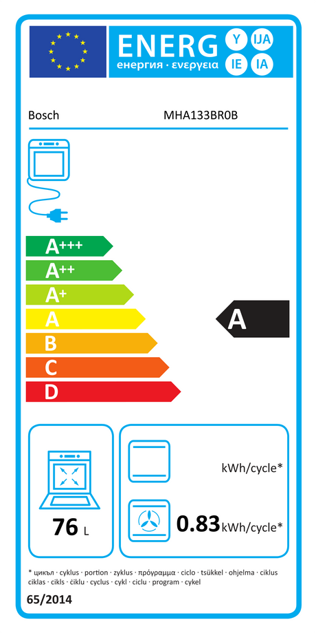 Bosch Series 2 MHA133BR0B (79) Built In Electric Double Oven in Stainless Steel from HomeWise Appliances. Stock photo showing A Rated energy label for main oven cavity.