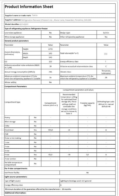 Teknix BITH50FF/E 50/50 Integrated Fridge Freezer with Total No Frost - 233 Litres - E Rated Stock Photo of product information street