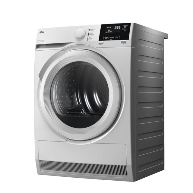 AEG TR718L2B 7000 8KG SensiDry® Heat Pump Tumble Dryer in White - A++ Rated Stock Photo Front Angled