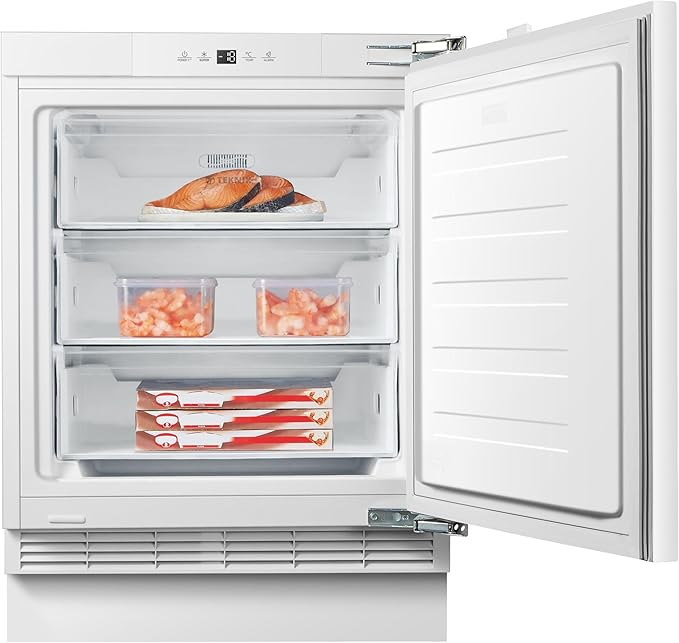 Teknix BITHUZ4 Integrated Undercounter Freezer - Built In with 101 Litre Capacity - Reversible Door - Digital Controls - White [Energy Class E] stock photo Door open with contents