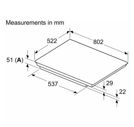 Neff T58FHW1L0 N70 80cm 5-Zone Induction Hob with Twist Touch® from HomeWise Appliances. Stock photo graphic showing measurements or the hob.