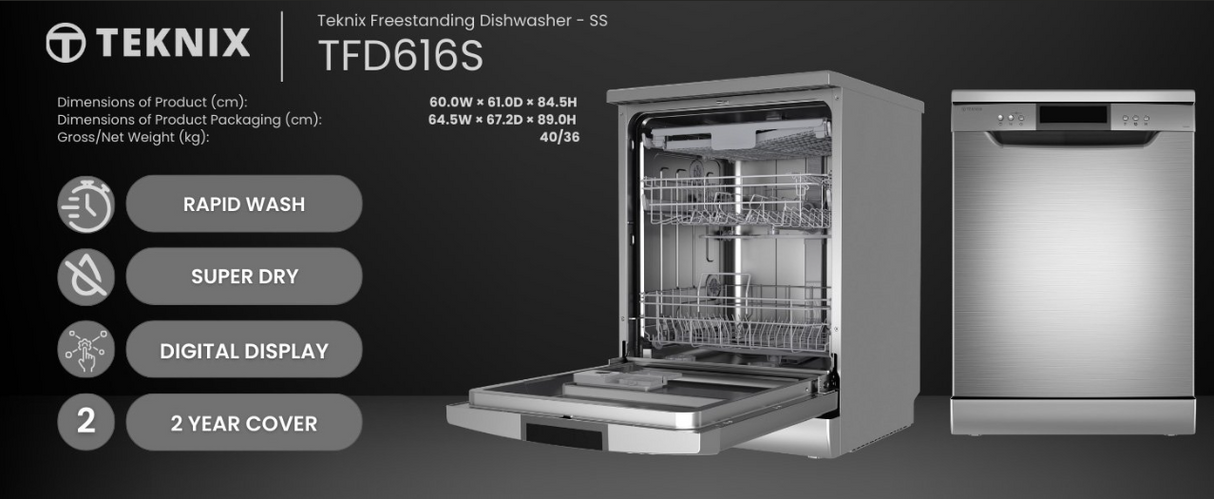 Teknix TFD616S 14 Place Settings Full Size Freestanding Dishwasher with Top Cutlery Tray in Stainless Steel