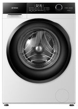 White washing machine with black door on a white background