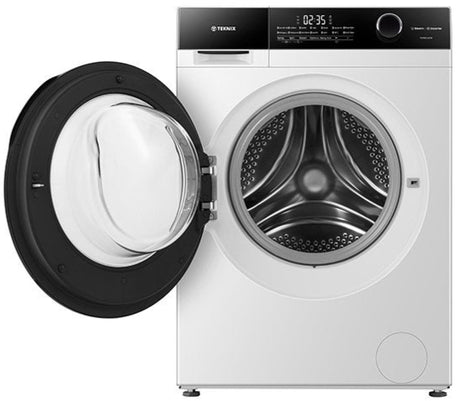 White front-loading washing machine with open door on a white background