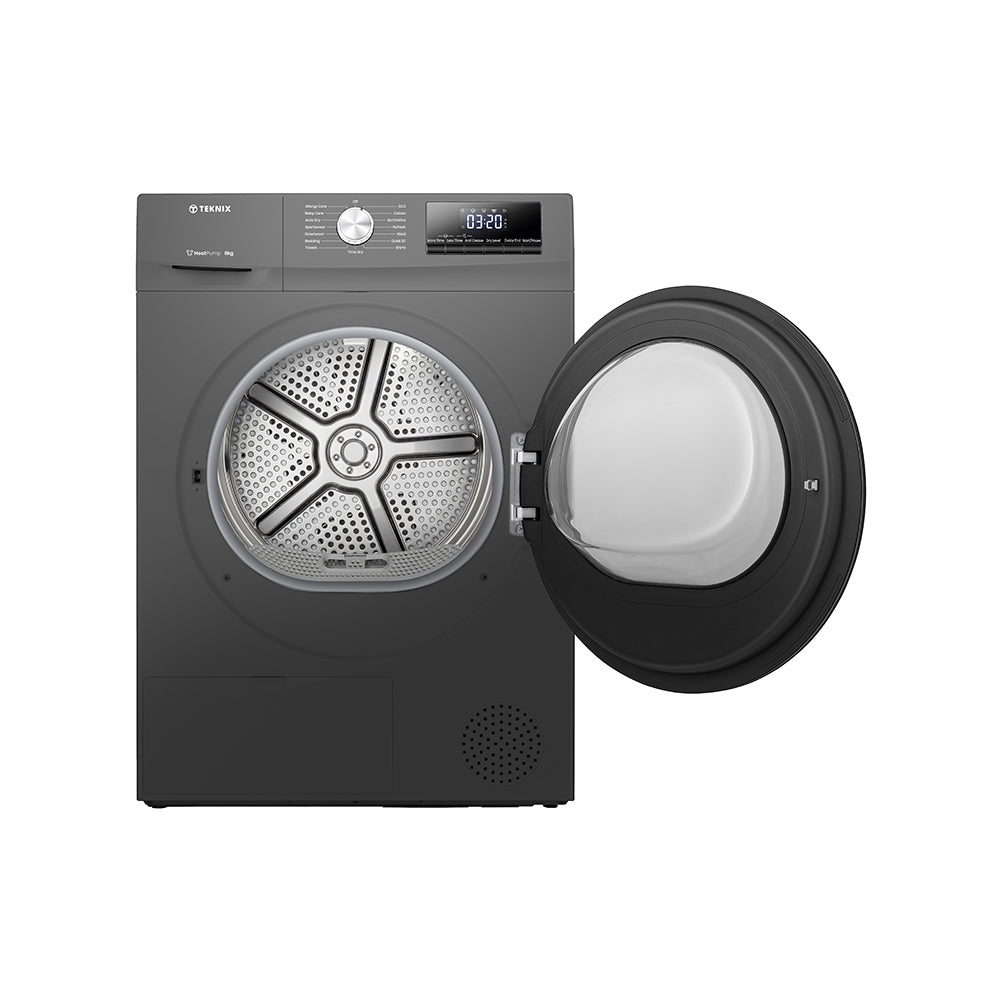 Teknix TKHP8HS 8KG Heat Pump Dryer in Titanium - A++ Rated. Stock photo front of dryer with door open.