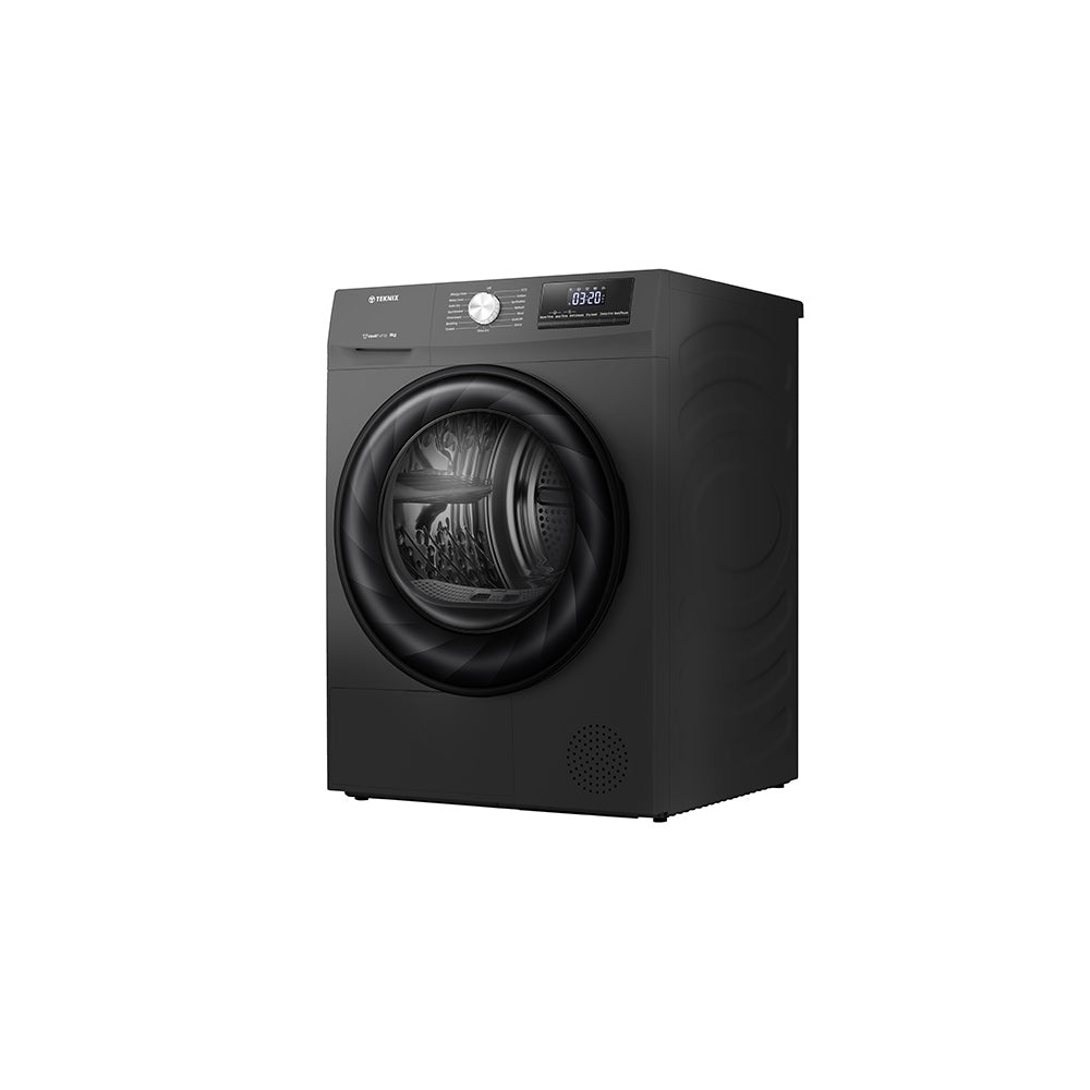Teknix TKHP8HS 8KG Heat Pump Dryer in Titanium - A++ Rated. Stock photo of the front angled showing right side panel.
