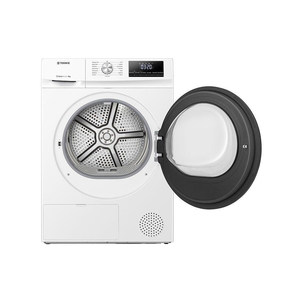 Teknix TKHP8HW 8KG Heat Pump Dryer in White - A++ Rated. Stock photo front of dryer with door open.