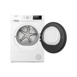 Teknix TKHP8HW 8KG Heat Pump Dryer in White - A++ Rated. Stock photo front of dryer with door open.