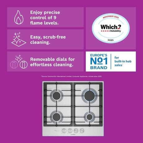 Bosch Series 6 PCP6A5I90 (30) 4 Burner Gas Hob in Stainless Steel - (New Packed) - HW182830