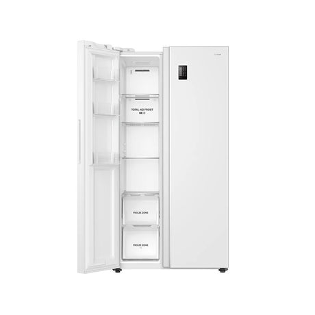 Teknix TX2SBS1791PW American Fridge Freezer in White - 523 Litre Capacity - E Rated - POHW0130 from HomeWise Appliances. Stock photo freezer door open showing compartment layout.