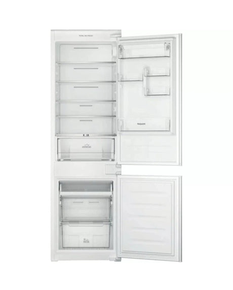 Hotpoint HTC18 T112 UK 70/30 No Frost Integrated Fridge Freezer with Sliding Hinge - E Rated from HomeWise Appliances. Stock photo of the front with doors open 