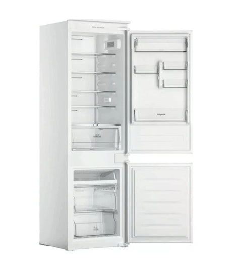 Hotpoint HTC18 T112 UK 70/30 No Frost Integrated Fridge Freezer with Sliding Hinge - E Rated from HomeWise Appliances. Angled photo of the front of appliance with doors open