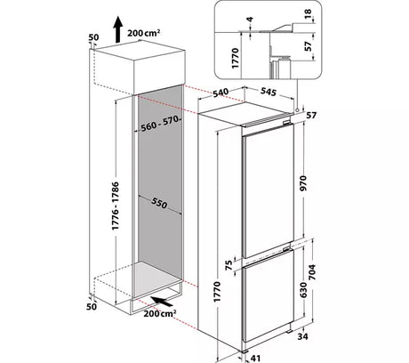 Hotpoint HTC18 T112 UK 70/30 No Frost Integrated Fridge Freezer with Sliding Hinge - E Rated from HomeWise Appliances. Graphic for installation diagram with sizes