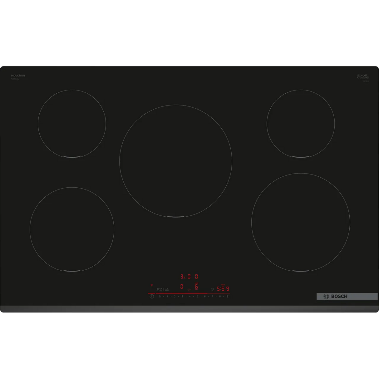 Bosch Series 6 PIV831HB1E 80cm 5-Zone Induction Hob in Black - Wi-Fi Enabled stock photo showing glass ceramic surface with markings and red control illumination.