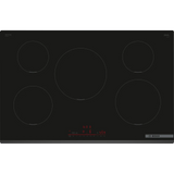 Bosch Series 6 PIV831HB1E 80cm 5-Zone Induction Hob in Black - Wi-Fi Enabled stock photo showing glass ceramic surface with markings and red control illumination.