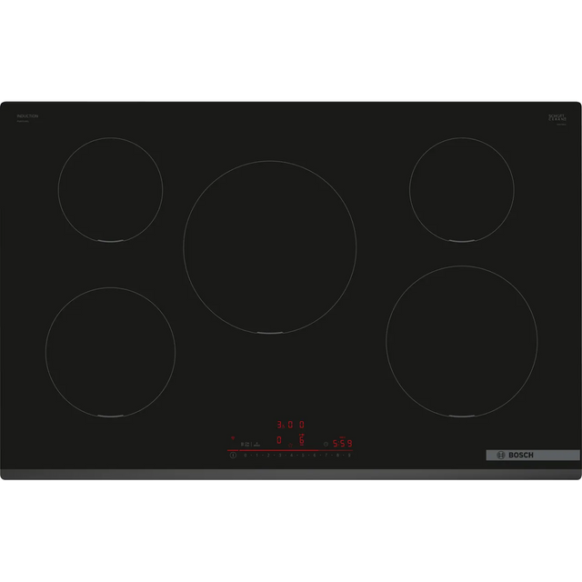 Bosch Series 6 PIV831HB1E 80cm 5-Zone Induction Hob in Black - Wi-Fi Enabled stock photo showing glass ceramic surface with markings and red control illumination.