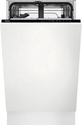 AEG FSX51407Z Series 5000 AirDry 45cm Integrated Slimline Dishwasher with Black Control Panel, F Rated from HomeWise Appliances. Stock photo front of appliance with decor panel fitted.
