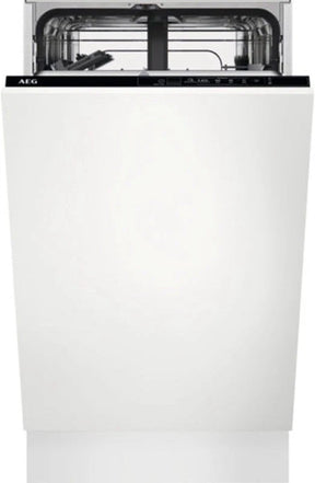 AEG FSX51407Z Series 5000 AirDry 45cm Integrated Slimline Dishwasher with Black Control Panel, F Rated from HomeWise Appliances. Stock photo front of appliance with decor panel fitted.