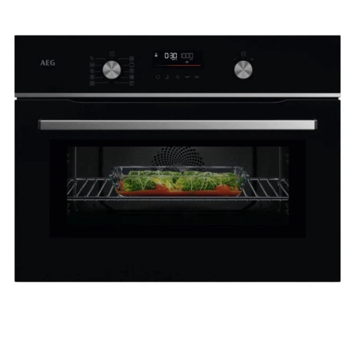 AEG 6000 Series GK6NK401B Combi Quick Compact Built-in Combination Microwave Oven in Black from HomeWise Appliances. Stock photo front