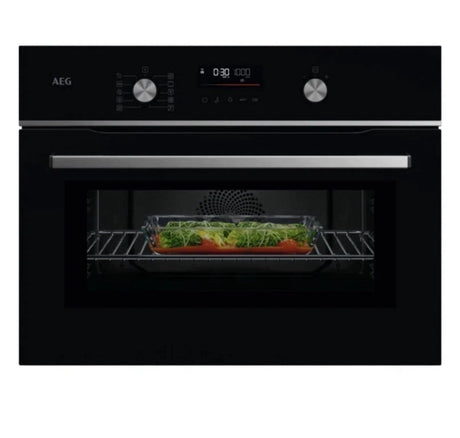 AEG 6000 Series GK6NK401B Combi Quick Compact Built-in Combination Microwave Oven in Black from HomeWise Appliances. Stock photo front