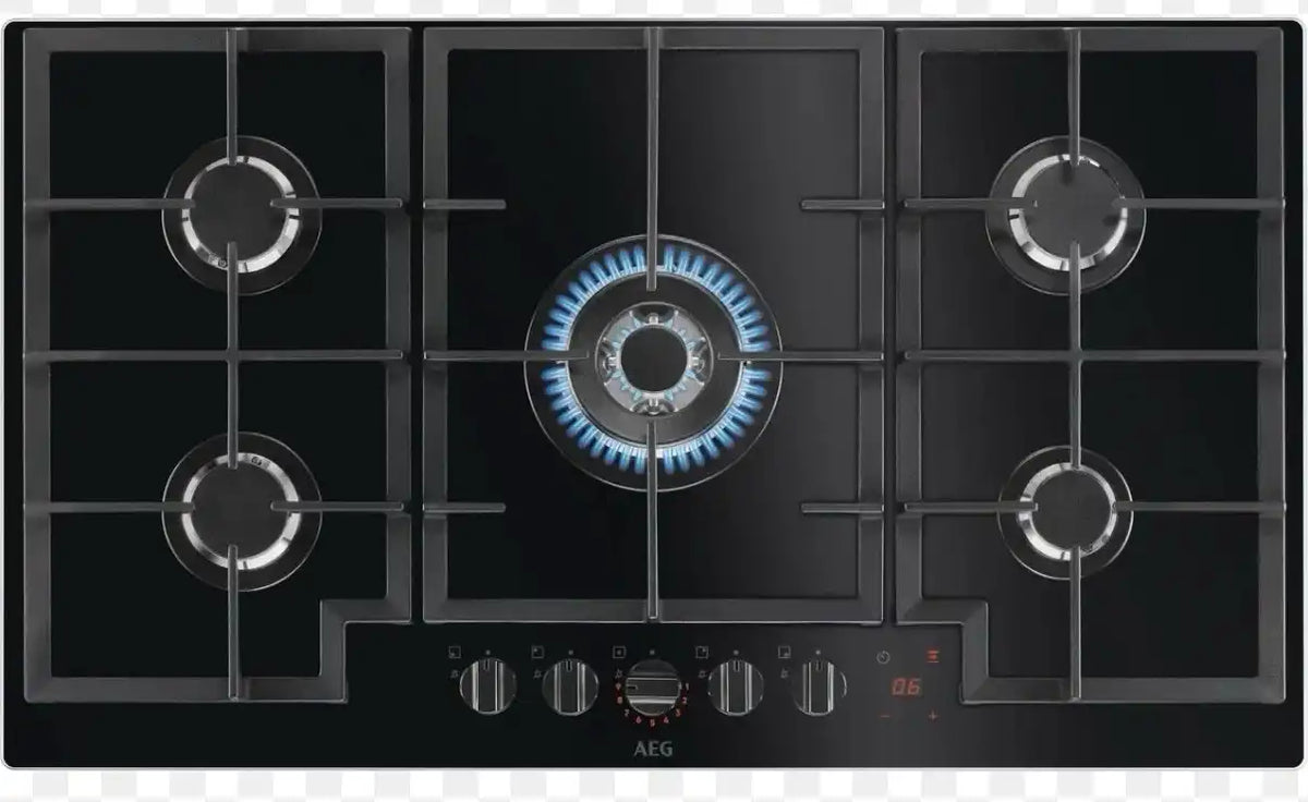 AEG HKB95450NB (59) 5 Burner 88cm Gas on Glass Hob with Cast Iron Pan Supports - (Tatty Packaging) - HW182859