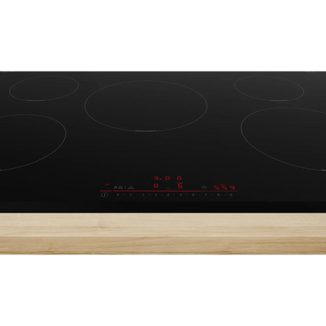 Bosch Series 6 PIV831HB1E 80cm 5-Zone Induction Hob in Black - Wi-Fi Enabled  close of the hob surface showing the controls illuminated.