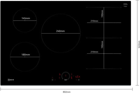 Neff T58FHW1L0 N70 80cm 5-Zone Induction Hob with Twist Touch® from HomeWise Appliances. Stock photo graphic showing the dimensions of the hob induction zones.
