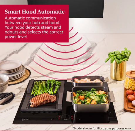 Neff T58FHW1L0 N70 80cm 5-Zone Induction Hob with Twist Touch® from HomeWise Appliances. Stock photo graphic for Smart Hood Automatic which detects steam and odours and selects the correct Power level.