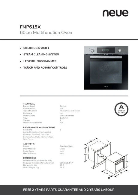 Candy (Neue) FNPX615 Built-in Electric Single Oven with 13 Amp Plug in Stainless Steel - POHW0144