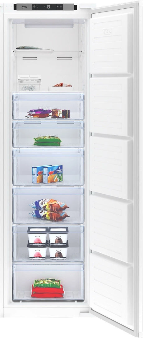 Beko BFFD4577 (49) 178cm Integrated Frost Free 220L Tall Upright Freezer with Sliding Hinge - E Rated - (Graded Dented) - HW182449